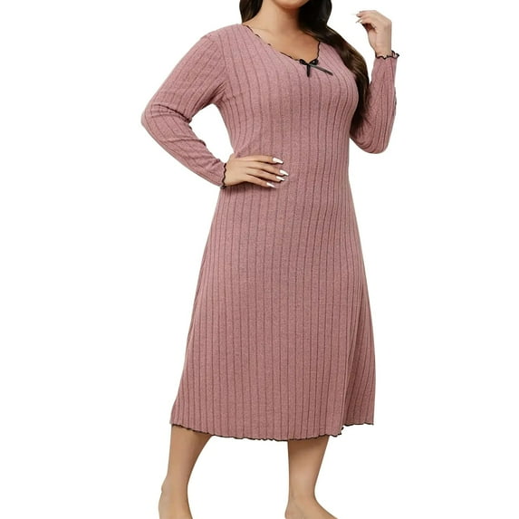 Dresses for Women Plus Size Long Sleeve Knit Sweater Dress Solid Color Round Neck Dress