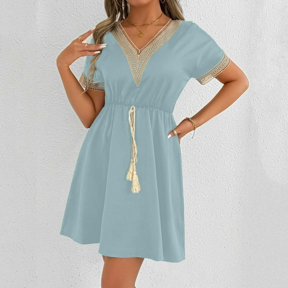 Dresses for Women Plus Size Short Sleeve Drawstring Waist V-Neck Lace Solid Trimmed Mini Dress Bohemian Dresses