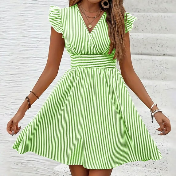 Dresses for Women Plus Size Short Sleeved V-neck Striped Summer Casual Dress Summer Dresses for Women Green XXL