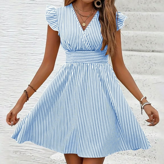 Dresses for Women Plus Size Short Sleeved V-neck Striped Summer Casual Dress Summer Dresses for Women Sky Blue XXL