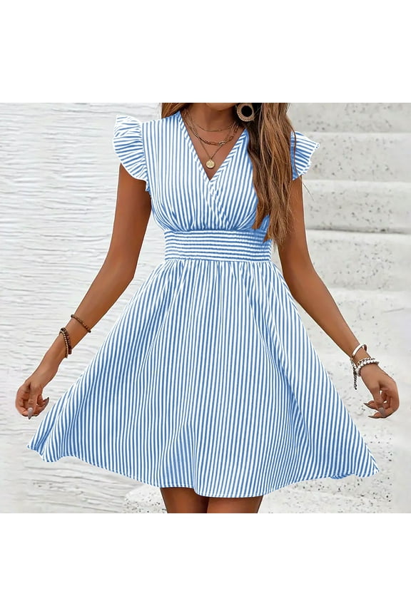 Dresses for Women Plus Size Short Sleeved V-neck Striped Summer Casual Dress Summer Dresses for Women Sky Blue XXL