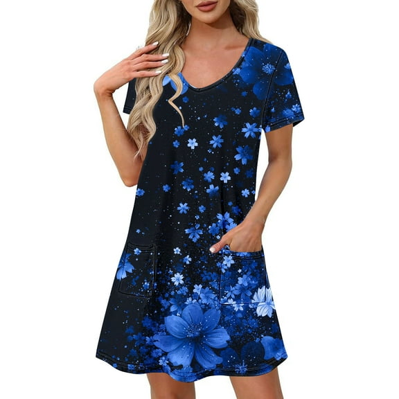 Dresses for Women Plus Size Short-sleeved V-neck Summer Print Casual Dress