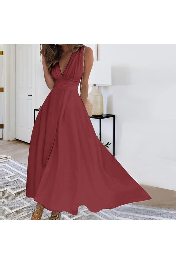 Dresses for Women Plus Size Sleeveless V-Neck Wrapped Chest Long Dress