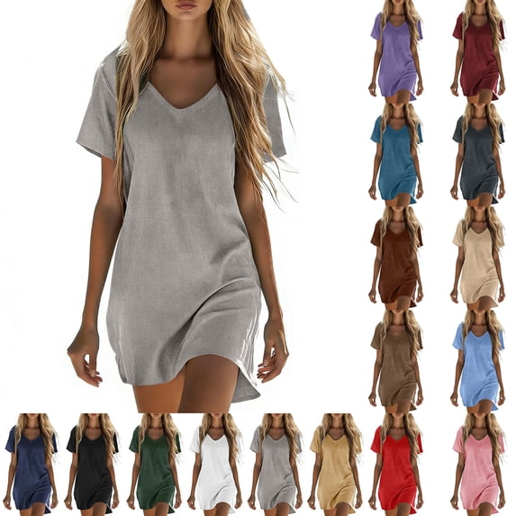 Dresses for Women Plus Size Solid Short Sleeved V-neck Linen Casual Dresses And Comfortable Women's Dresses With Pocket, Gray-M