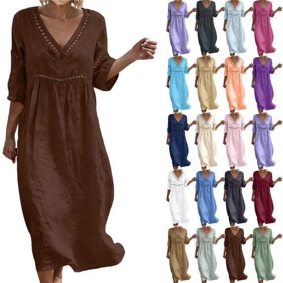Dresses for Women Plus Size Summer Boho Casual V-Neck Loose 3/4 Sleeve Solid Color Hollow Out Beach Vacation Sundresses