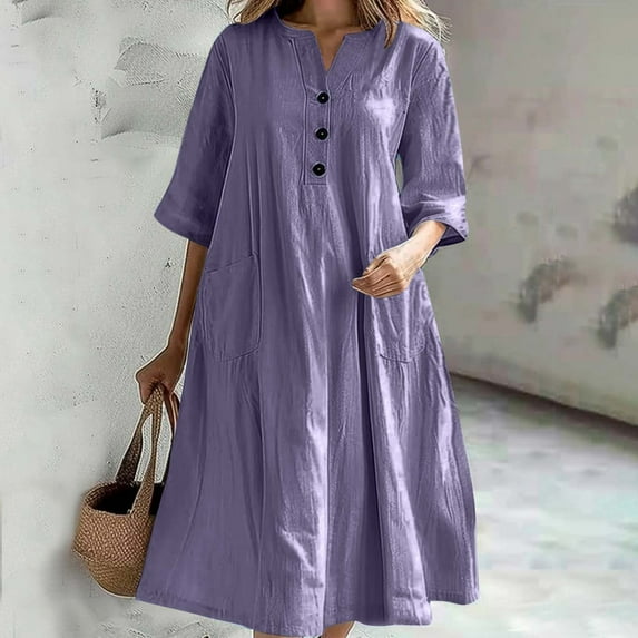 Dresses for Women Plus Size Summer Dress for Solid Color Short Sleeved Button Round Neck Mid Length Dress, Purple S