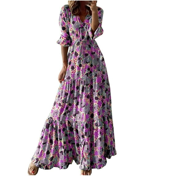 Dresses for Women Plus Size V-Neck Print 3/4 Sleeve Patchwork Fashion Casual Long Dress
