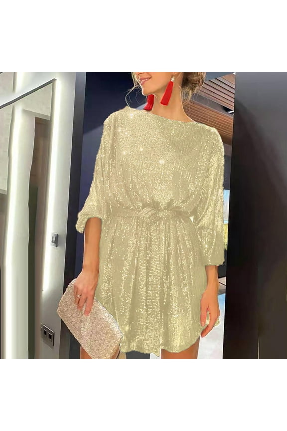Dresses for Women Plus Size on Crewneck Sequin Sleeve Solid Mini Dress Formal Dress