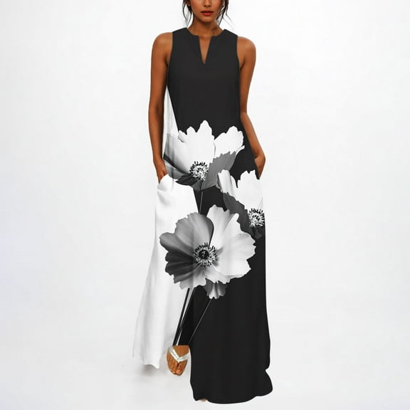 Dresses for Women Print Sleeveless V-Neck Dress Breathable Casual Dress Black XL