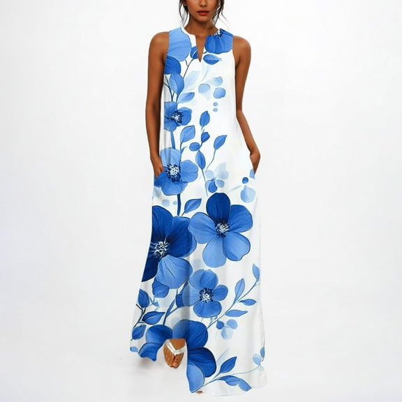 Dresses for Women Print Sleeveless V-Neck Dress Chic Dress Blue XL