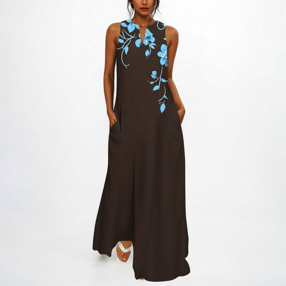 Dresses for Women Print Sleeveless V-Neck Dress Flowy Beach Vacation Outfit Black XL