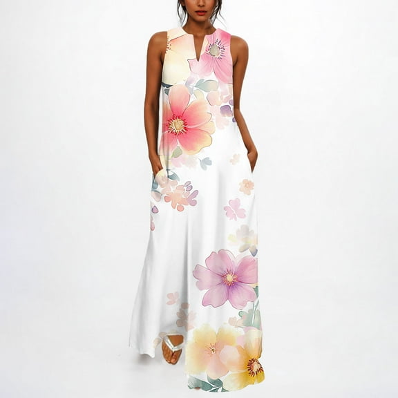 Dresses for Women Print Sleeveless V-Neck Dress Flowy Boho Sundress Pink XL