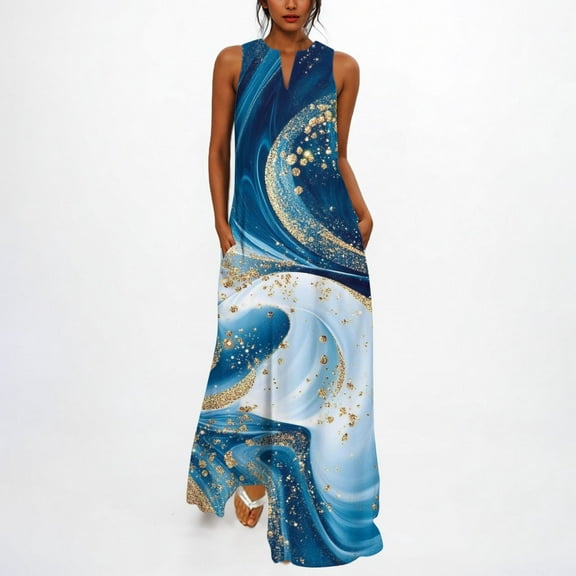 Dresses for Women Print Sleeveless V-Neck Dress Lightweight Beach Dress Blue XL