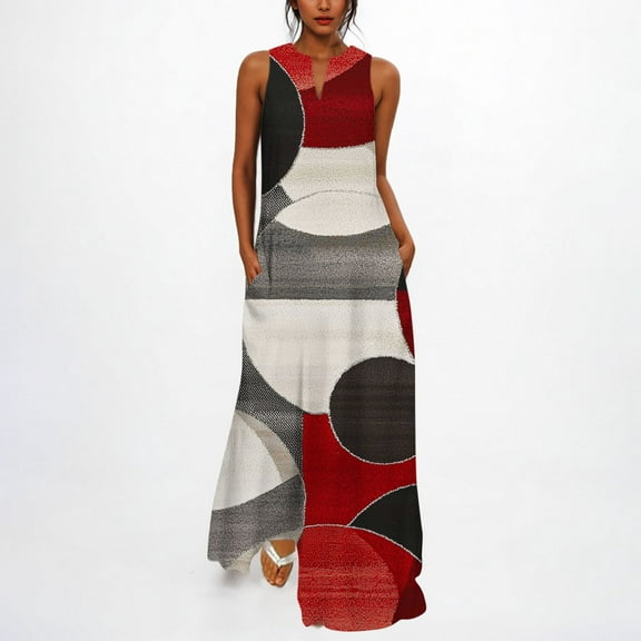 Dresses for Women Print Sleeveless V-Neck Dress Trendy Casual Wear Red XL
