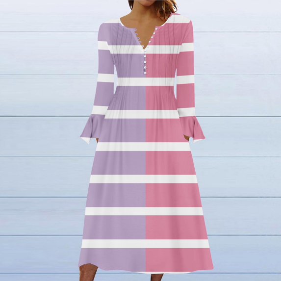 Dresses for Women Printed Casual Long Sleeve V-Neck Stripe Dress with Pockets