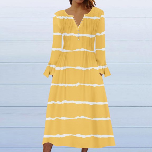 Dresses for Women Printed Casual Long Sleeve V-Neck Stripe Dress with Pockets