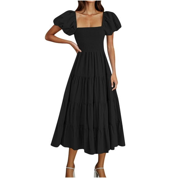Dresses for Women Puff Sleeve Loose Casual Square Neck Dress Solid Summer Dress