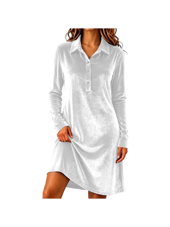 Dresses for Women Qiggri Women's Velvet Shirt Dress Long Sleeve Collared V Neck Half Button Down Loose Fit Soft Warm Casual Tunic Fall Dress XXL