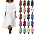 thumbnail image 1 of Dresses for Women Round Neck 3/4 Rolled Cuff Elastic Waist Pleated Back Zipper Flowy A Line Casual Midi Dress for Summer Vacation Daily, 1 of 6