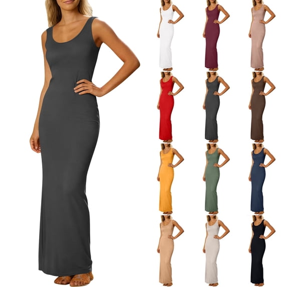 Dresses for Women Round Neck Ruched Waist Dress Women's Solid Color Sleeveless Long Round Neck Dress for Summer Black L