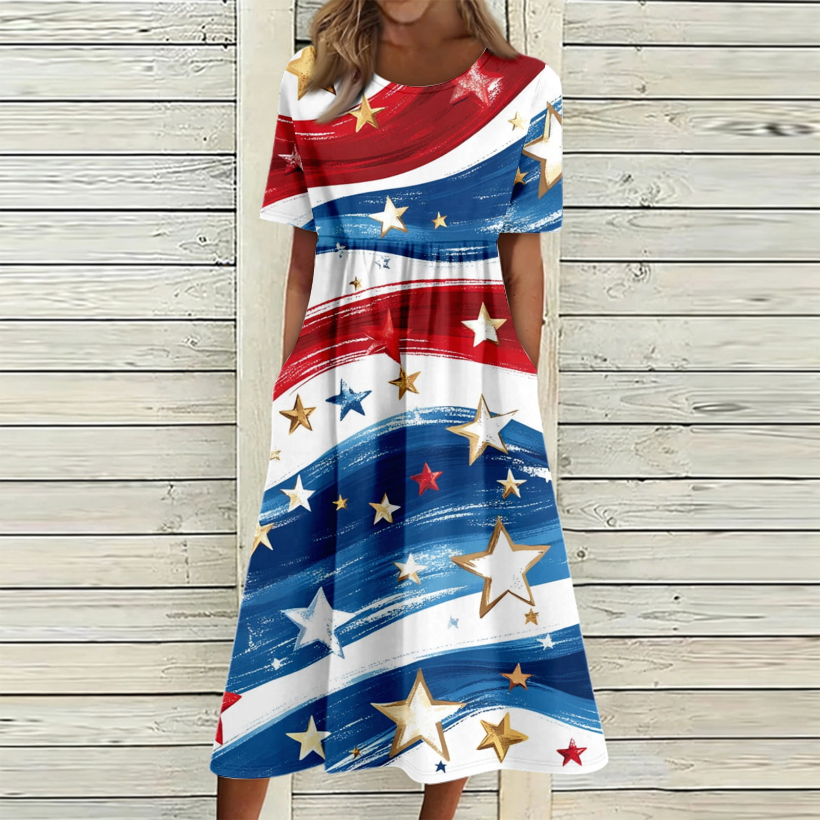 star print midi dress Dresses for Women Round Neck Short Sleeve Patriotic Star Print Midi Dress  Empire Waist Casual Dress with Pockets Light Blue XL