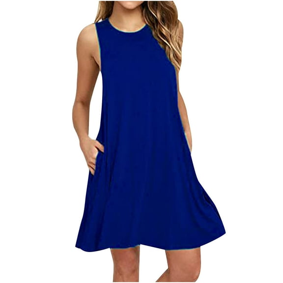 Dresses for Women Sawvnm Fashion Women Casual Pockets Sleeveless Above Knee Dress Summer Party Beach Dress Blue S