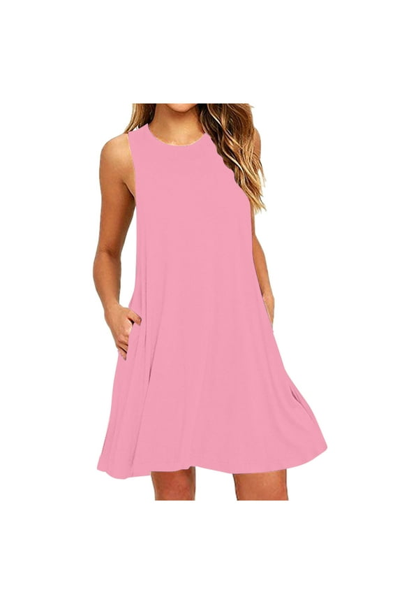 Summer Dresses for Women Beach Sundress Sleeveless Casual Loose Party Tank Dress with Pockets Pink S