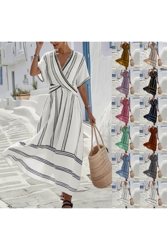 Dresses for Women SawvnmWomen V-Neck Short-Sleeve Wrap Waist Flared Striped Maxi Ankle Dress Gift for Women