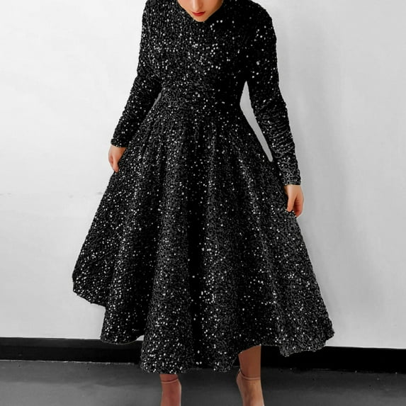 Dresses for Women Sequin Round Neck Long Sleeve Velvet Sparkly Pleated Summer Dress Black L