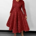 thumbnail image 1 of Dresses for Women Sequin Round Neck Long Sleeve Velvet Sparkly Pleated Sun Dress Red S, 1 of 4