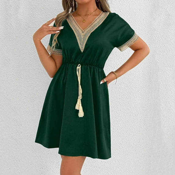 Dresses for Women Short Sleeve Drawstring Waist V-Neck Lace Solid Trimmed Mini Dress Bohemian Dresses