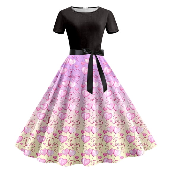 Dresses for Women Short Sleeve U Neck Valentine Print Audrey Hepburn Style Dress Casual Chic Outfits Ladies Dresses Purple S