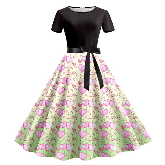Dresses for Women Short Sleeve U Neck Valentine Print Audrey Hepburn Style Dress Casual Chic Outfits Women Holiday Dresses Hot Pink XL