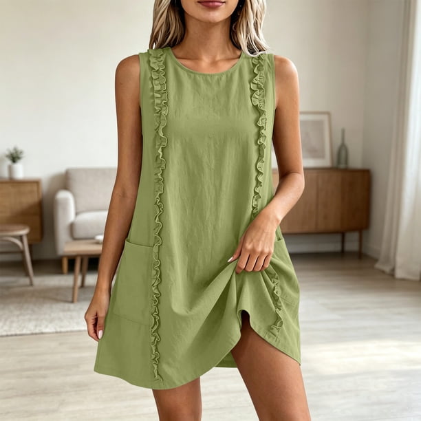 straight dresses for women WHLBF Sleeveless Round Neck Ruffle Pocketed Solid Color Mini Dress Green S, Women's, Size: Small featuring everything from wash crinkle linen tank dresses and solid color midi dresses to adjustable suspender mini dresses and bohemian floral maxi dresses Summer Female Clothing Elegant Straight