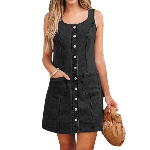 Dresses for Women Sleeveless Stretchy Jean Summer Casual Western Short Button Down Dress with Patch Pocket Black Grey M