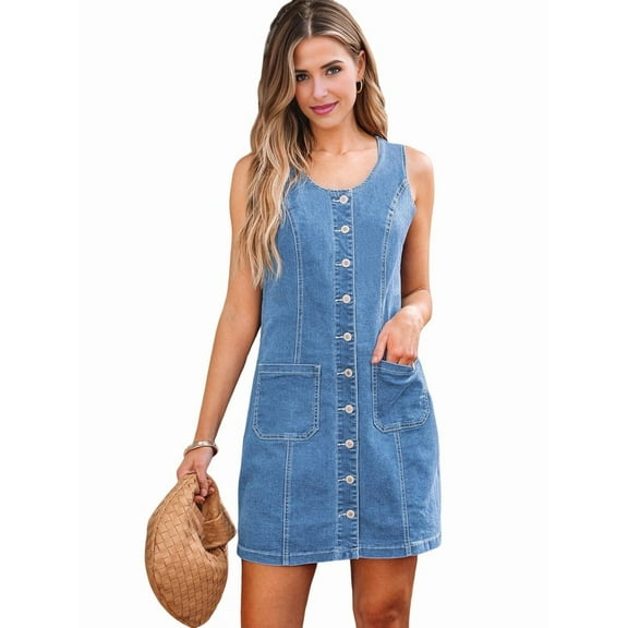 Dresses for Women Sleeveless Stretchy Jean Summer Casual Western Short Button Down Dress with Patch Pocket Light Blue L