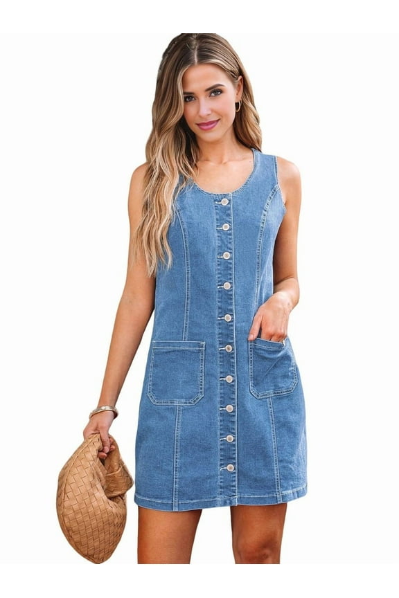 Dresses for Women Sleeveless Stretchy Jean Summer Casual Western Short Button Down Dress with Patch Pocket Light Blue S