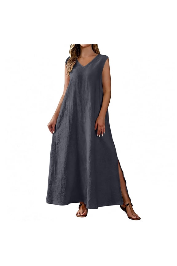 Dresses for Women Sleeveless V-Neck Long Side Split House Dress Casual Vacation Sundress with Pockets