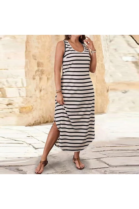 Dresses for Women Sleeveless V-Neck Striped Maxi Casual Loose Curved Hem Side Split Dress Beige S