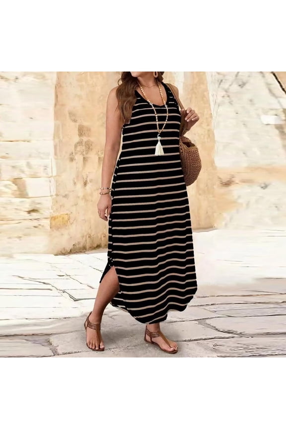 Dresses for Women Sleeveless V-Neck Striped Maxi Casual Loose Curved Hem Side Split Dress Black M