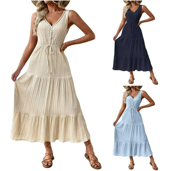 Dresses for Women Sleeveless V-Neck Sundresses Summer Casual Loose A-Line Flowy Ruffle Hem Maxi Beach Vacation Dresses Light Blue S