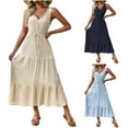 thumbnail image 1 of Dresses for Women Sleeveless V-Neck Sundresses Summer Casual Loose A-Line Flowy Ruffle Hem Maxi Beach Vacation Dresses Light Blue XL, 1 of 10