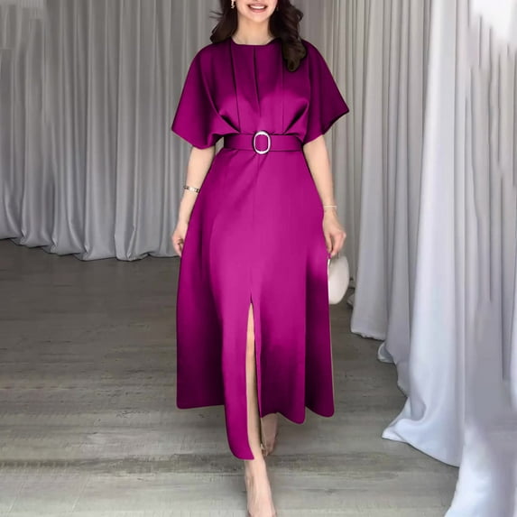 Dresses for Women Solid Color Fashionable Round Neck Short Sleeve Dress, Hot Pink M on Clearance