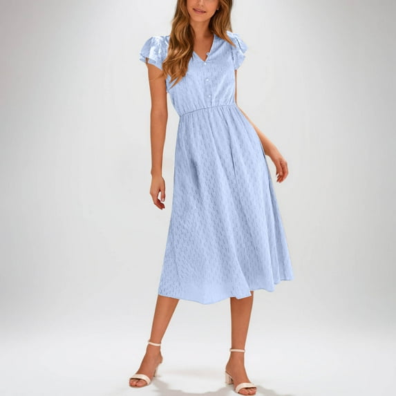 Dresses for Women Solid Color Short Sleeve Tie-Front Dress Pleated A-Line Sundress Sky Blue XL