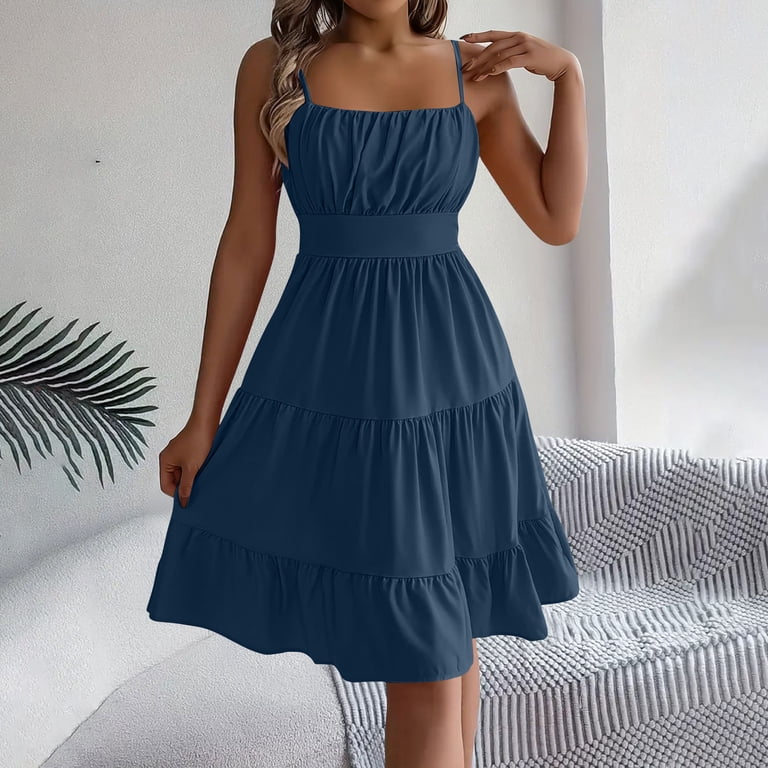 layered pleated dress Dresses for Women Solid Color Sleeveless Spaghetti Strap Backless Navy S 061625