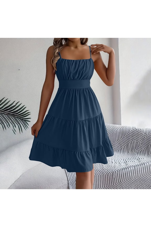 Dresses for Women Solid Color Sleeveless Spaghetti Strap Backless Layered Pleated Dress Navy S