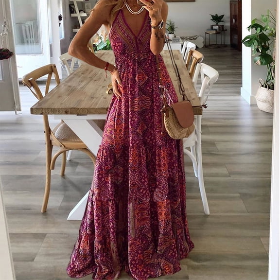 Dresses for Women Spaghetti Strap A Line Flowy Maxi Dresses Boho Floral Dresses Summer Dresses for Women Color Wine Size XL