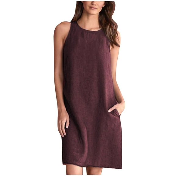 Dresses for Women Spring/Summer Sleeveless Casual Tank Top Dress Solid Loose Round Neck Pleated Cotton Linen Dress Women's Casual Sleeveless