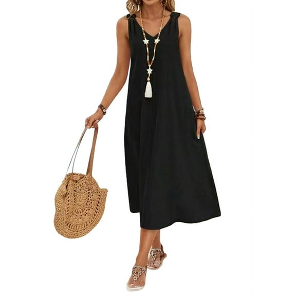 Dresses for Women Spring Summer Sleeveless V Neck Cotton Beach Casual Dress Black L