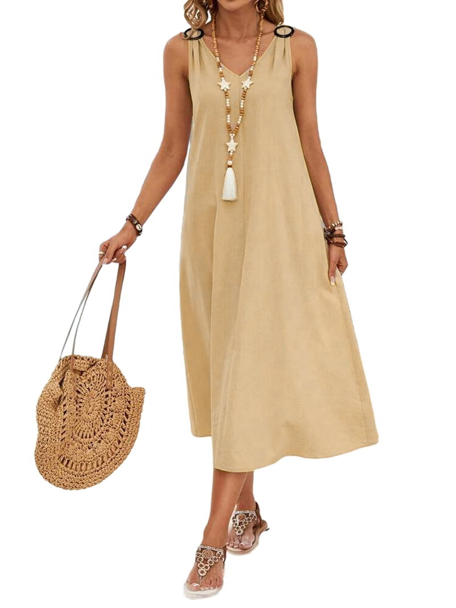 Dresses for Women Spring Summer Sleeveless V Neck Cotton Beach Casual Dress Khaki L